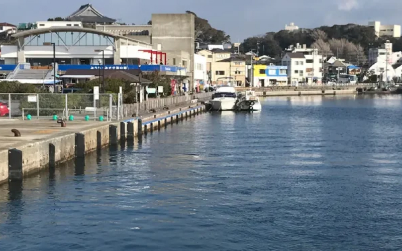 港前の船と市場の様子